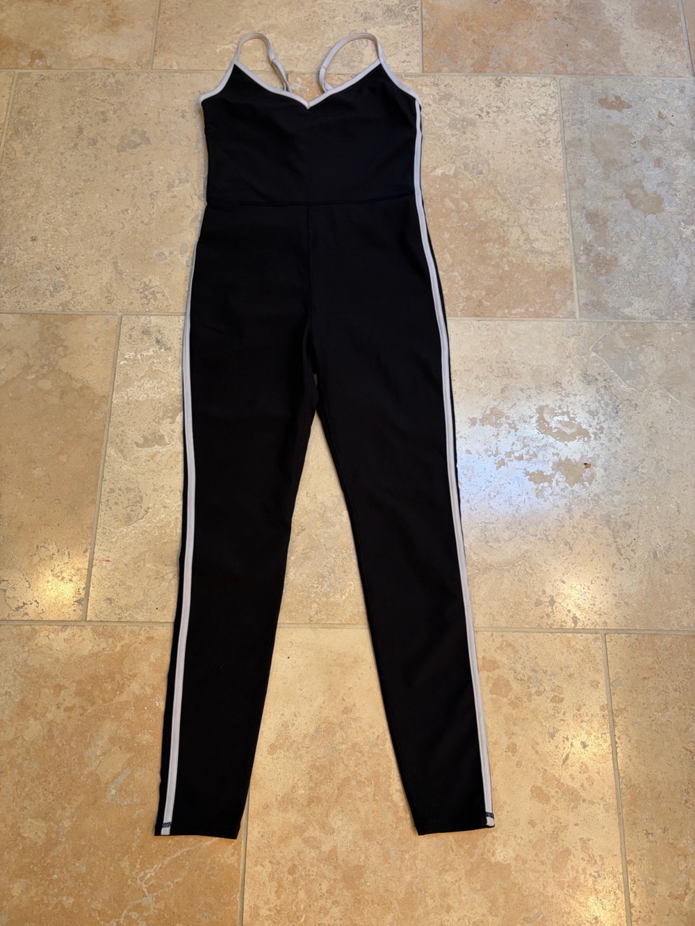 Wilo The Label black ribbed jumpsuit with skinny white stripe trim